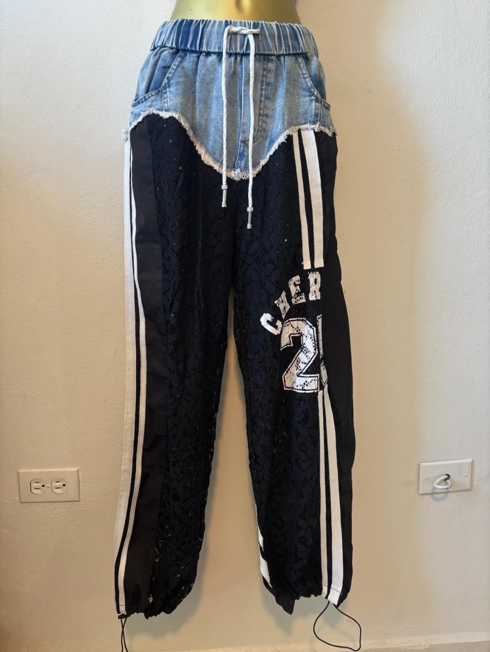 Denim Waist Black Lace Track Pants with White Stripes